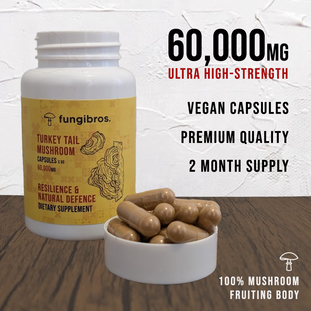 Turkey Tail Mushroom Capsules – Immune, Gut & Microbiome Support (60 x 1000mg)