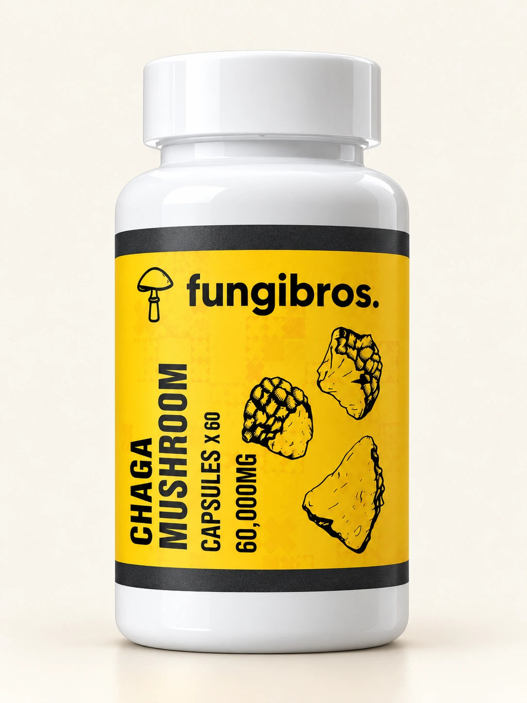 FungiBros Chaga mushroom capsule bottle studio mockup with charcoal label bands and white cap.