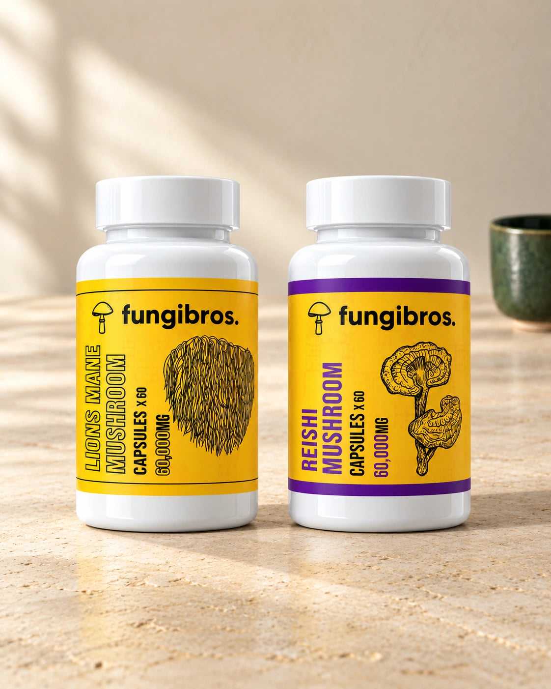 FungiBros Lion’s Mane and Reishi capsule bottle studio mockups on a sunlit stone countertop beside a green cup.