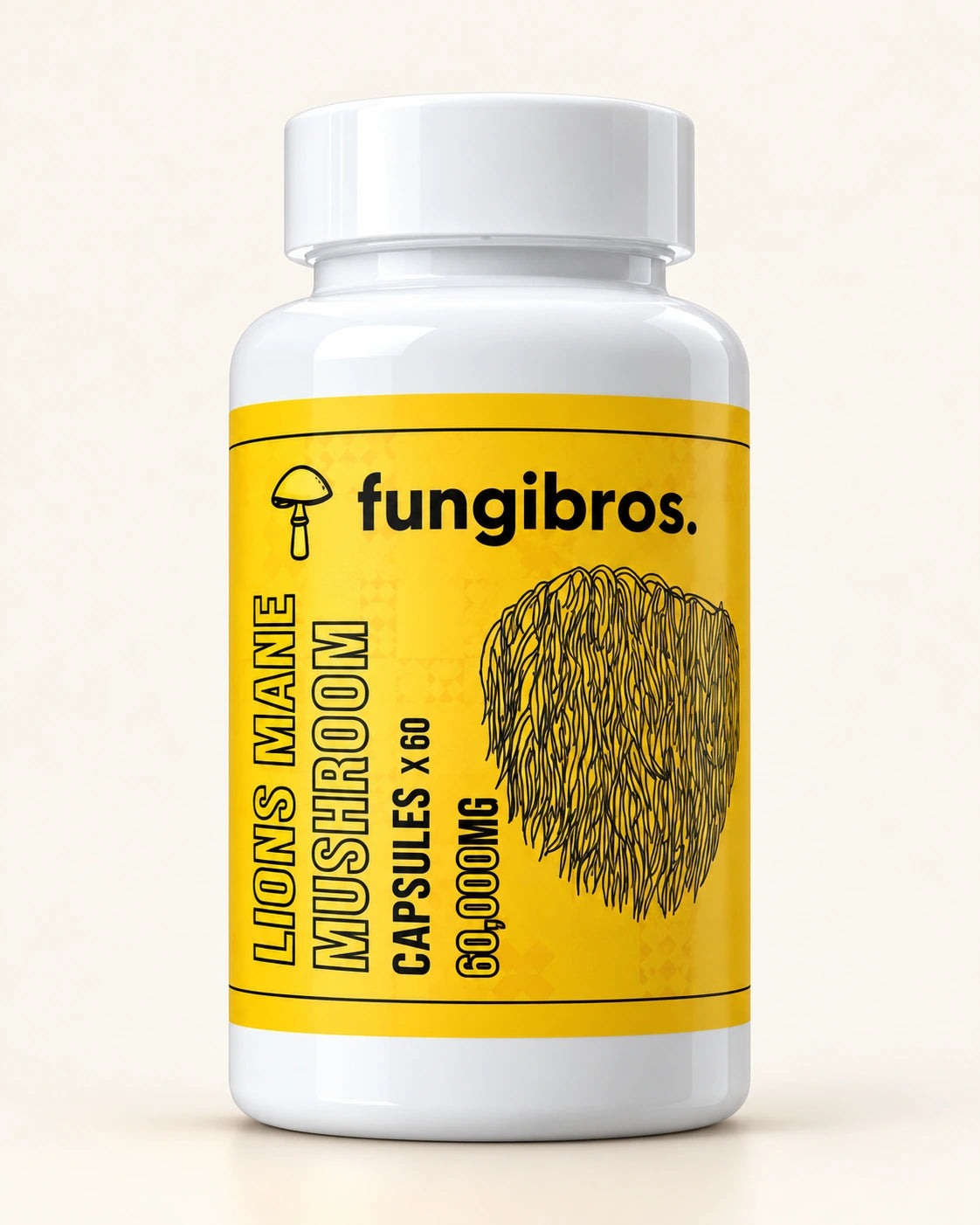 FungiBros Lion’s Mane mushroom capsule bottle studio mockup with yellow label and white cap.