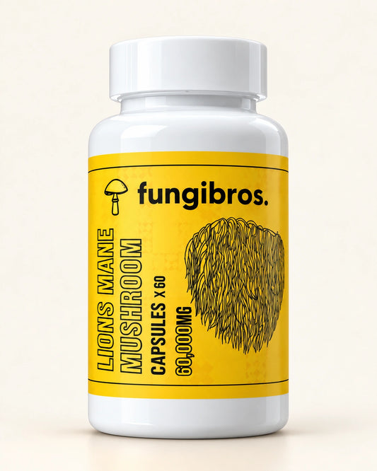 FungiBros Lion’s Mane mushroom capsule bottle studio mockup with yellow label and white cap.