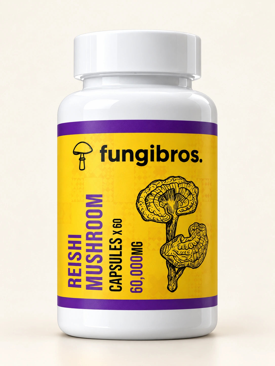 FungiBros Reishi mushroom capsule bottle studio mockup with purple label bands and white cap.