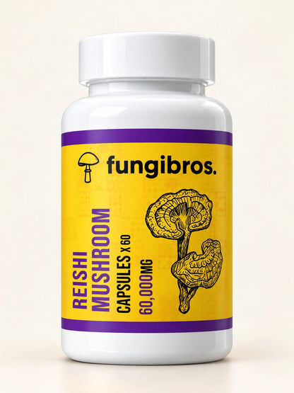 FungiBros Reishi mushroom capsule bottle studio mockup with purple label bands and white cap.